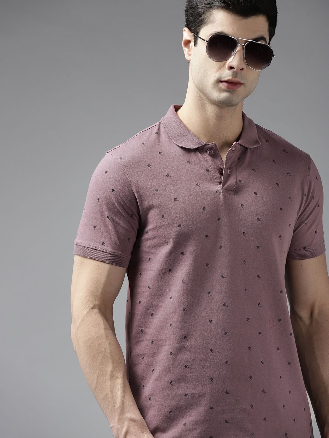 Roadster Men Mauve & Black Printed Polo Collar Pure Cotton T-shirt