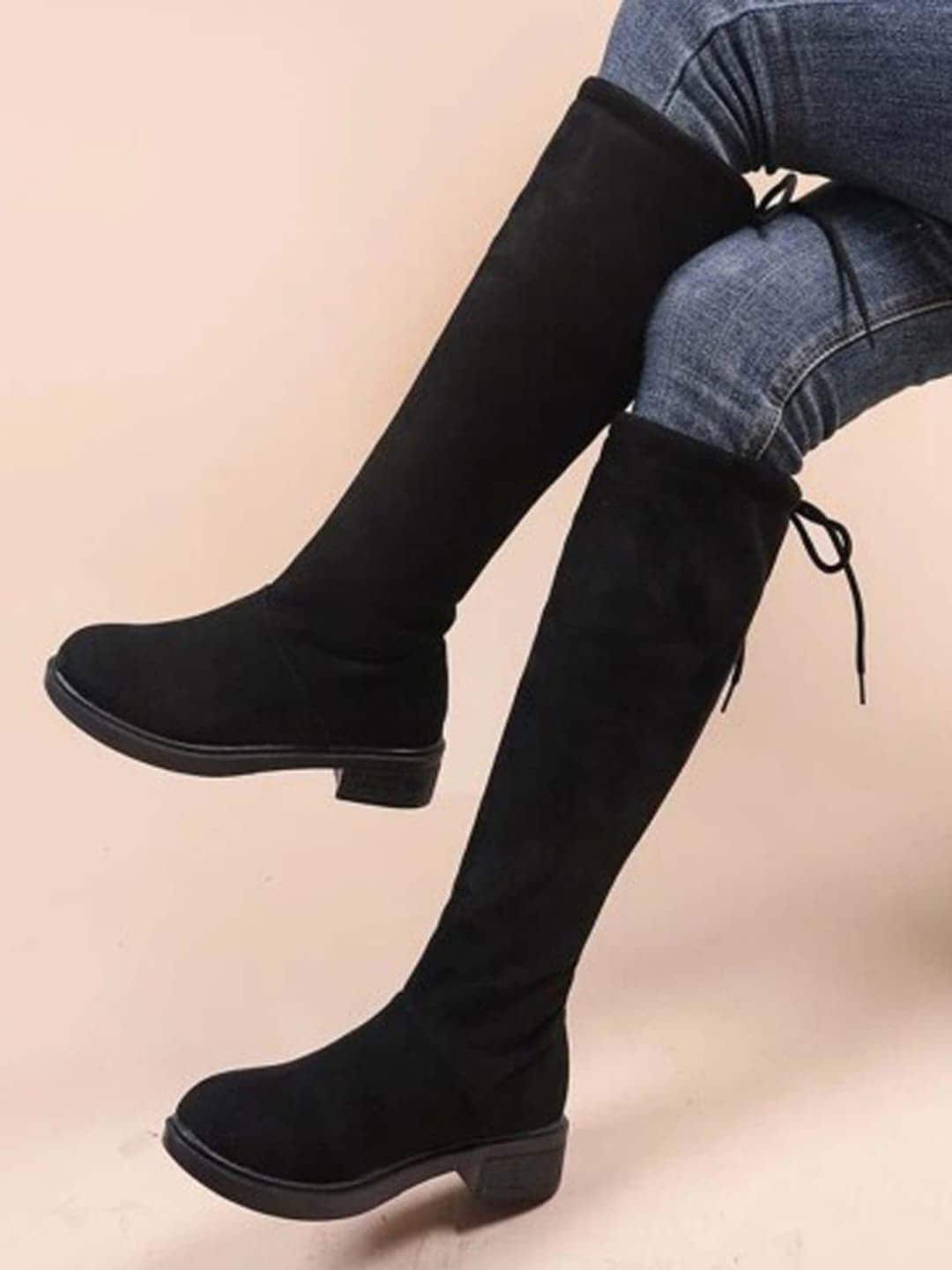 Shoetopia Women Black High-Top Lightweight Flat Boots Price in India