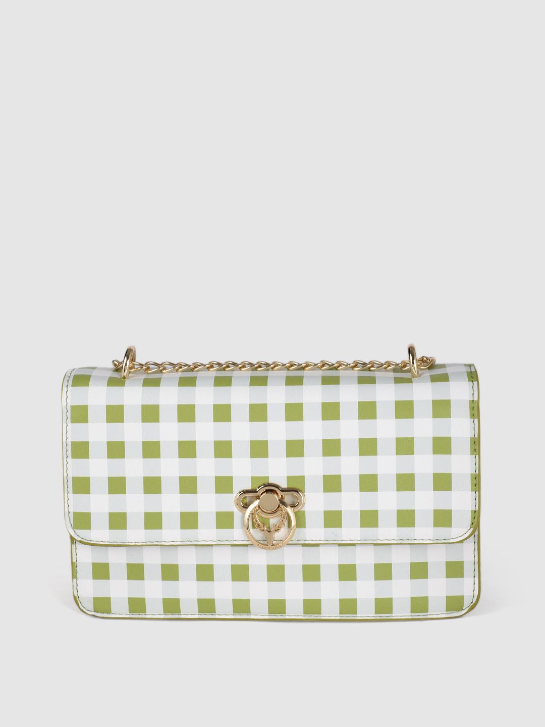 Allen Solly Green & White Checked PU Structured Sling Bag Price in India