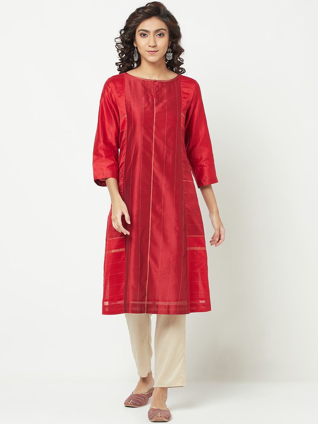 Fabindia Women Red Striped A-Line Silk Kurta Price in India