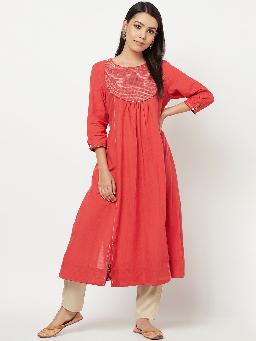 Fabindia Women Red Embroidered Anarkali Kurta Price in India