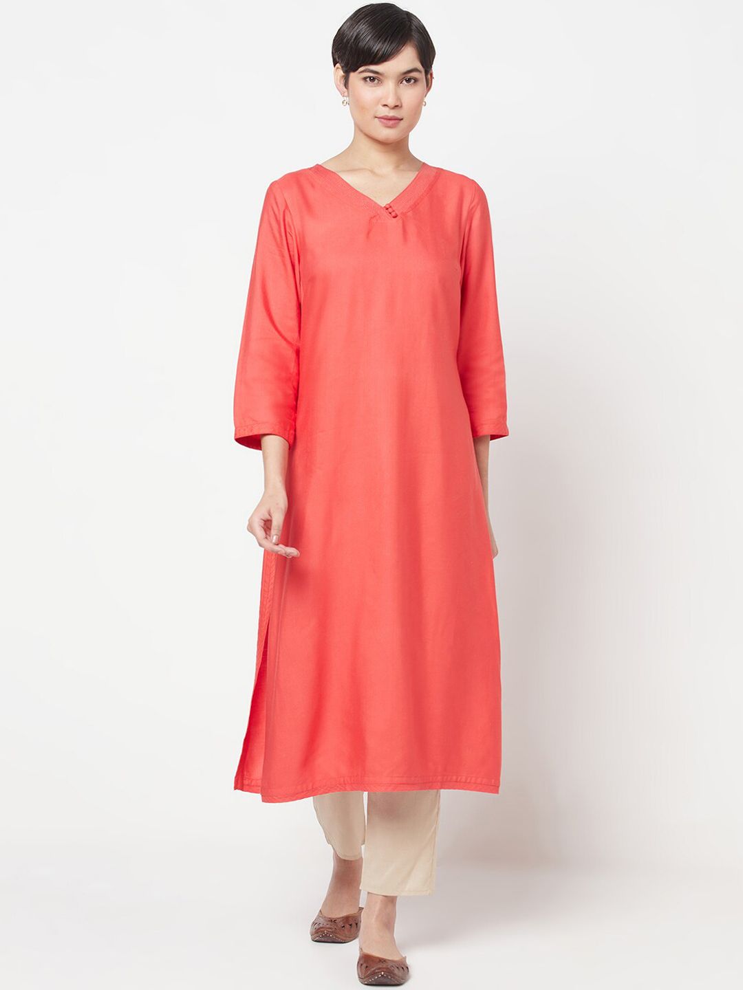 Fabindia Women Coral Solid A-Line Kurta Price in India