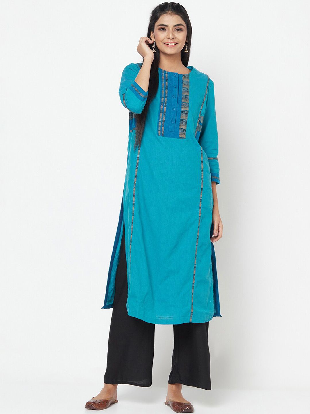 Fabindia Women Blue Geometric Yoke Design Cotton Kurta Price in India