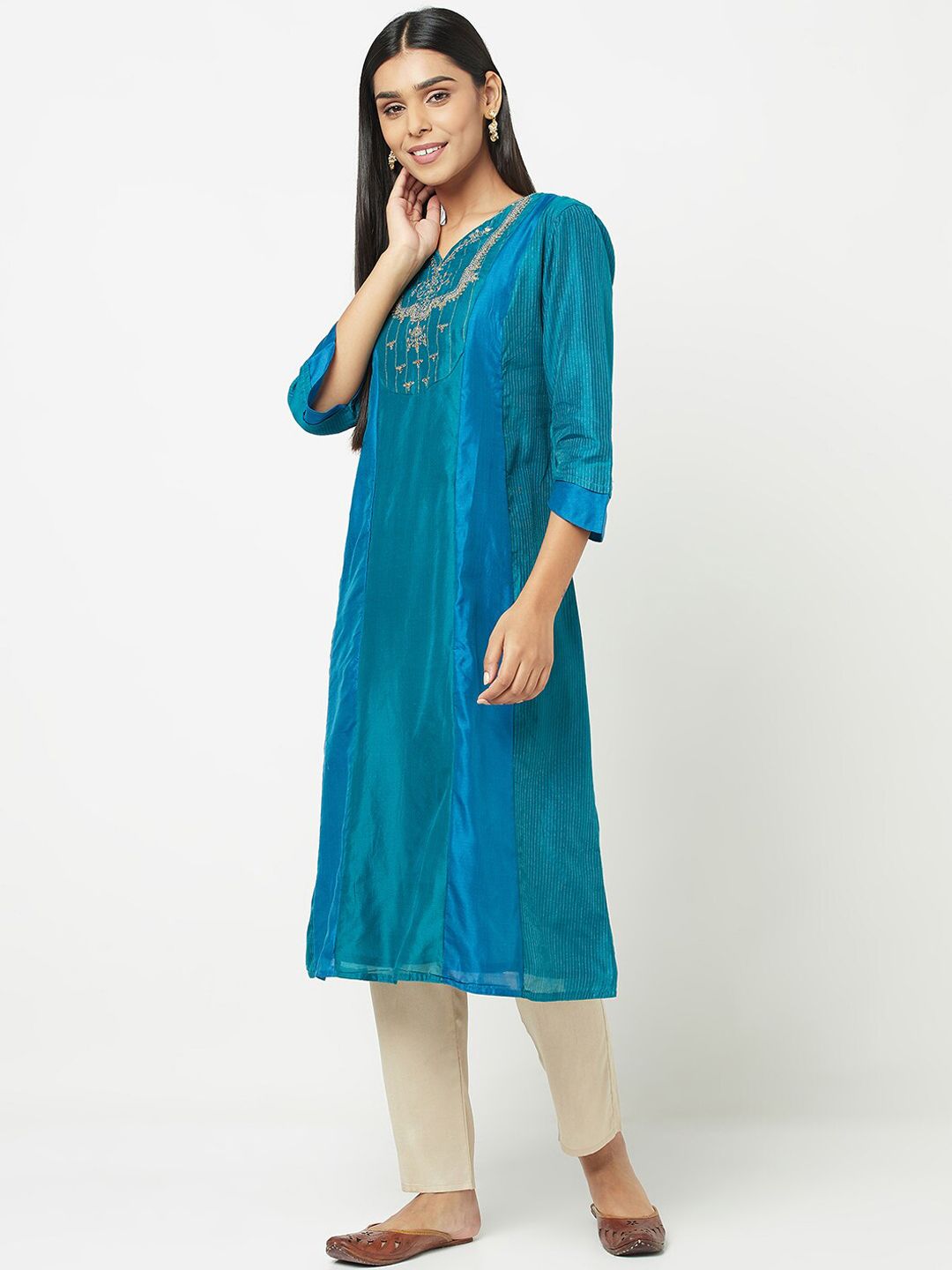 Fabindia Women Blue Colourblocked Thread Work Cotton Silk Zari Striped Kurta Price in India