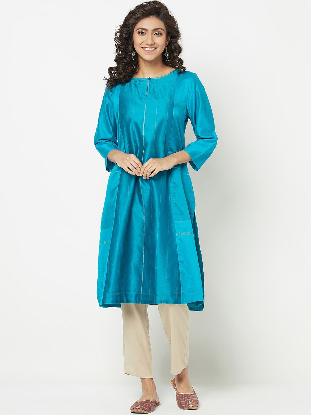 Fabindia Women Turquoise Blue Striped A-Line Kurta Price in India