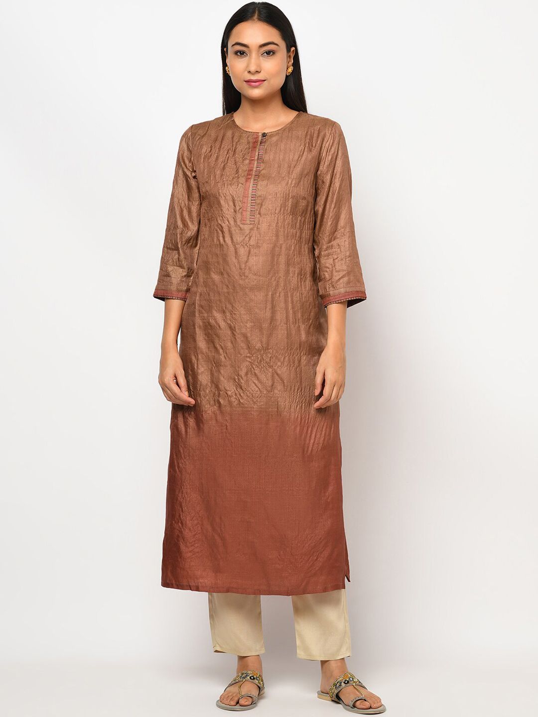 Fabindia Women Brown Striped Woven Design Thread Work Silk Kurta Price in India