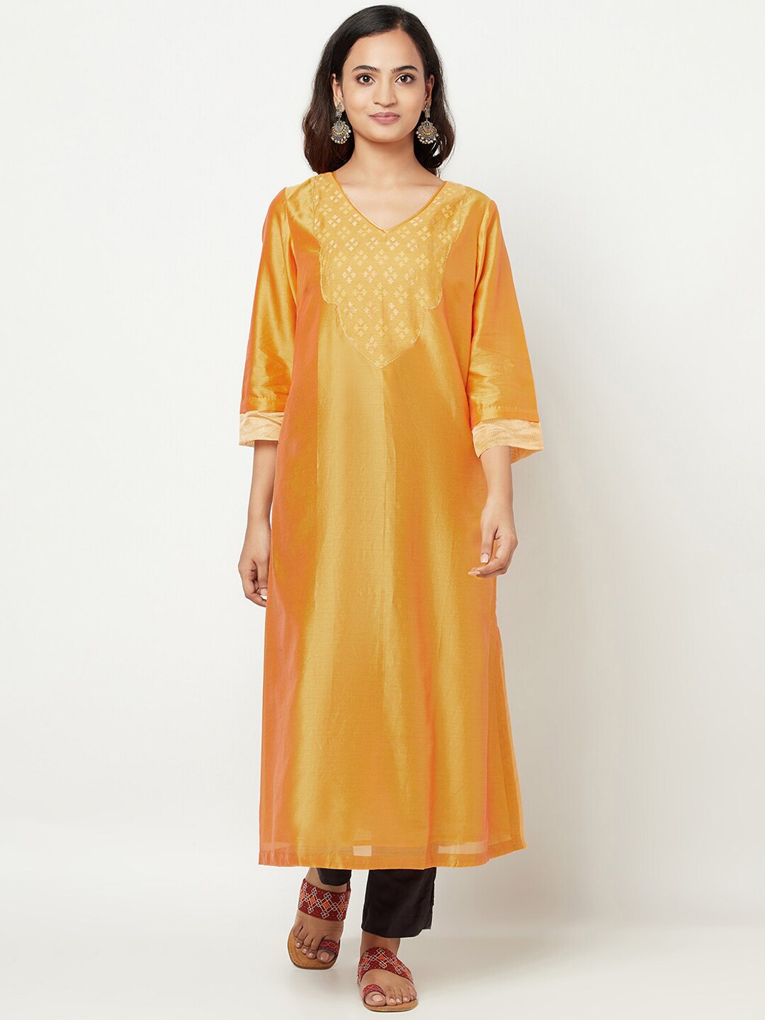 Fabindia Women Mustard Yellow Yoke Design Cotton Silk Kurta Price in India