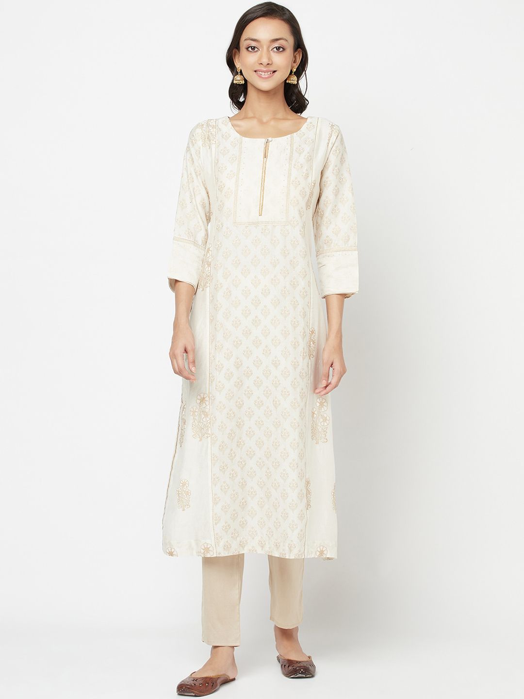 Fabindia Women Off White Ethnic Motifs Printed Cotton Silk Kurta Price in India
