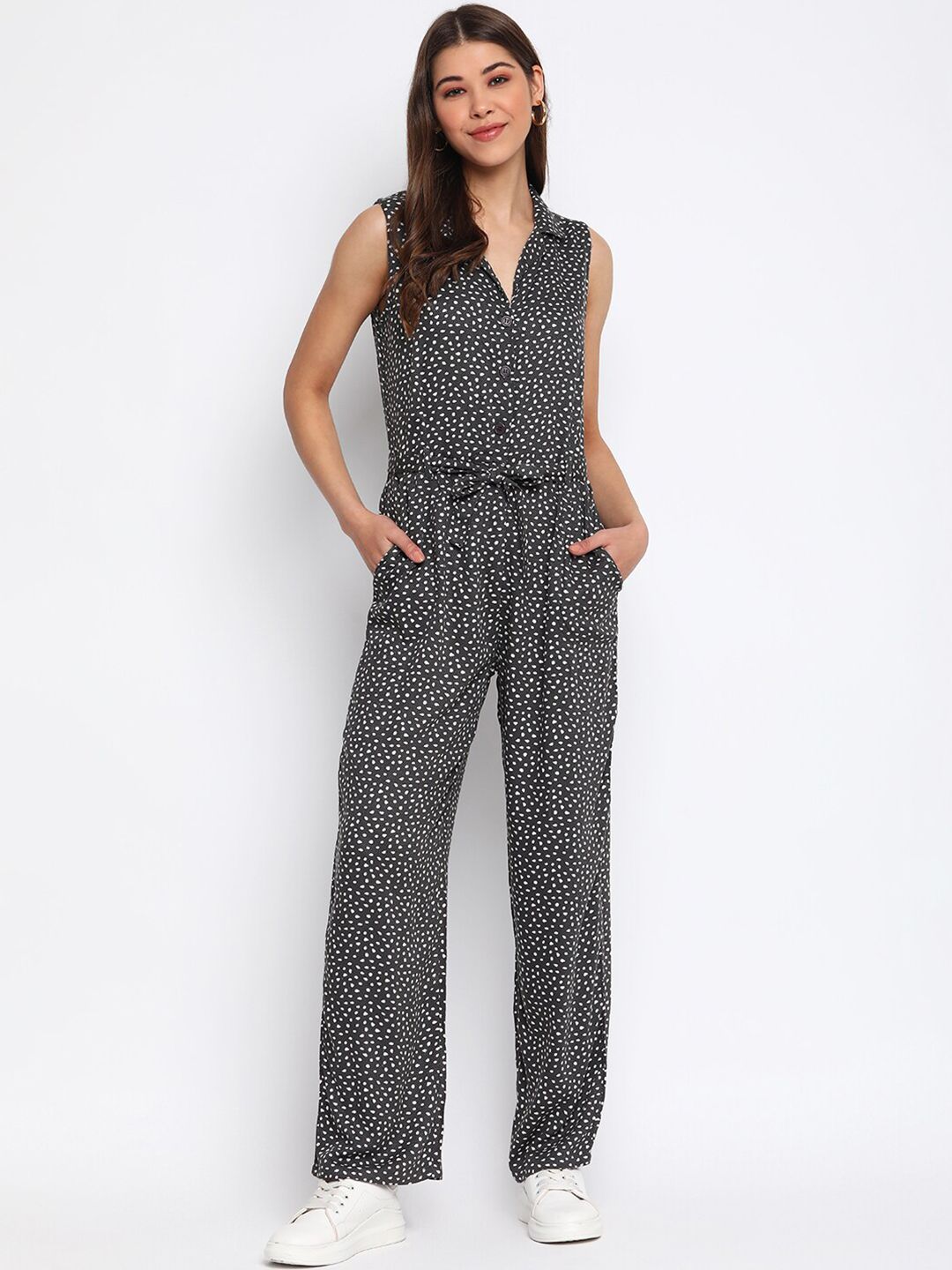 Mayra Grey & White Printed Basic Jumpsuit Price in India