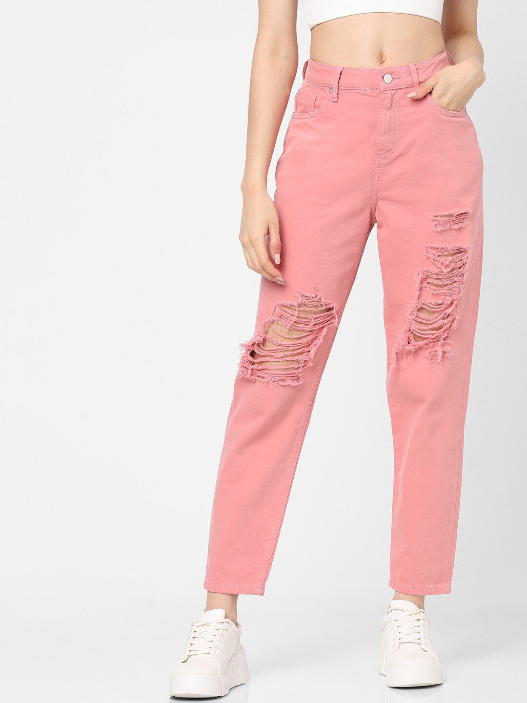 ONLY Women Rose Straight Fit Highly Distressed Cropped Jeans Price in India