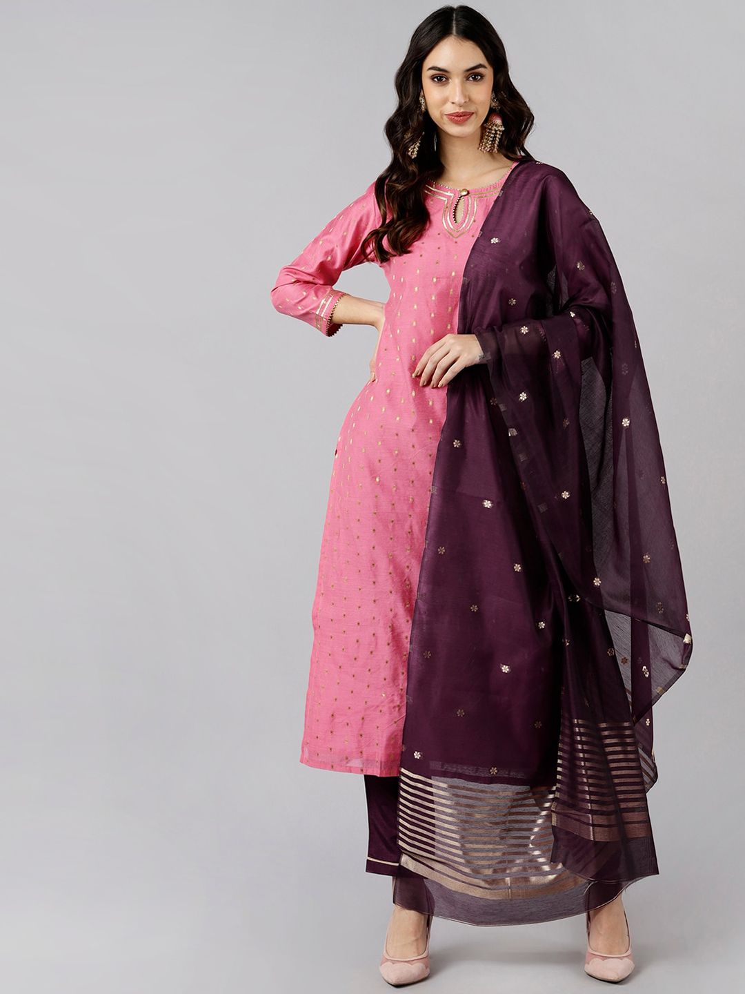 AHIKA Women Pink Ethnic Motifs Kurta with Trousers & With Dupatta Price in India