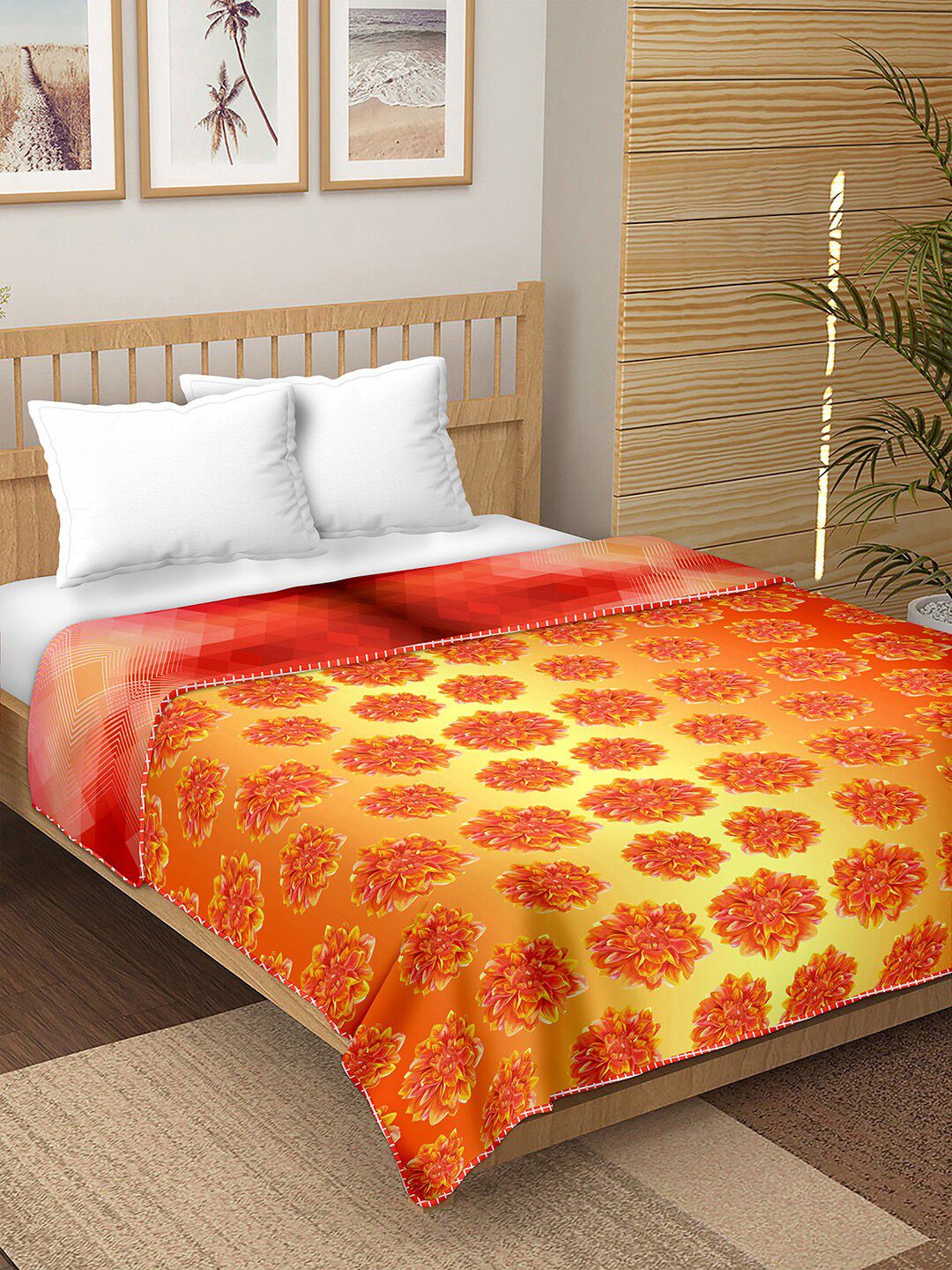 BELLA CASA Red & Yellow Ethnic Motifs Reversible AC Room 150 GSM Double Bed Dohar Price in India