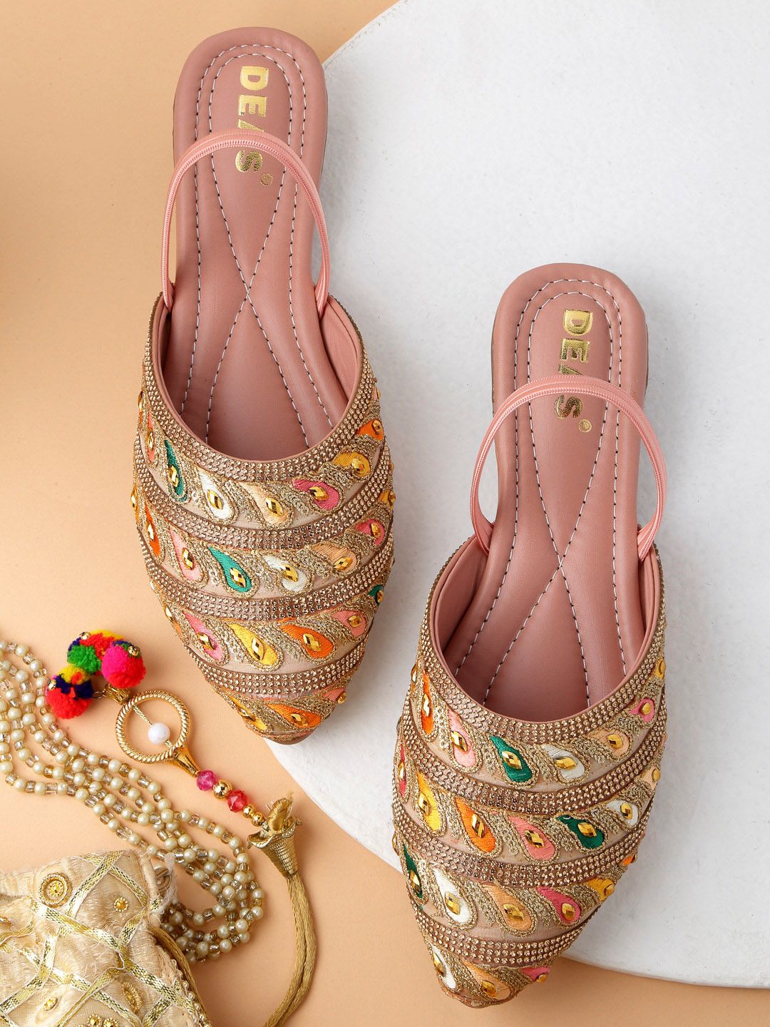 DEAS Women Gold-Toned And Pink Ethnic Mules Flats Price in India