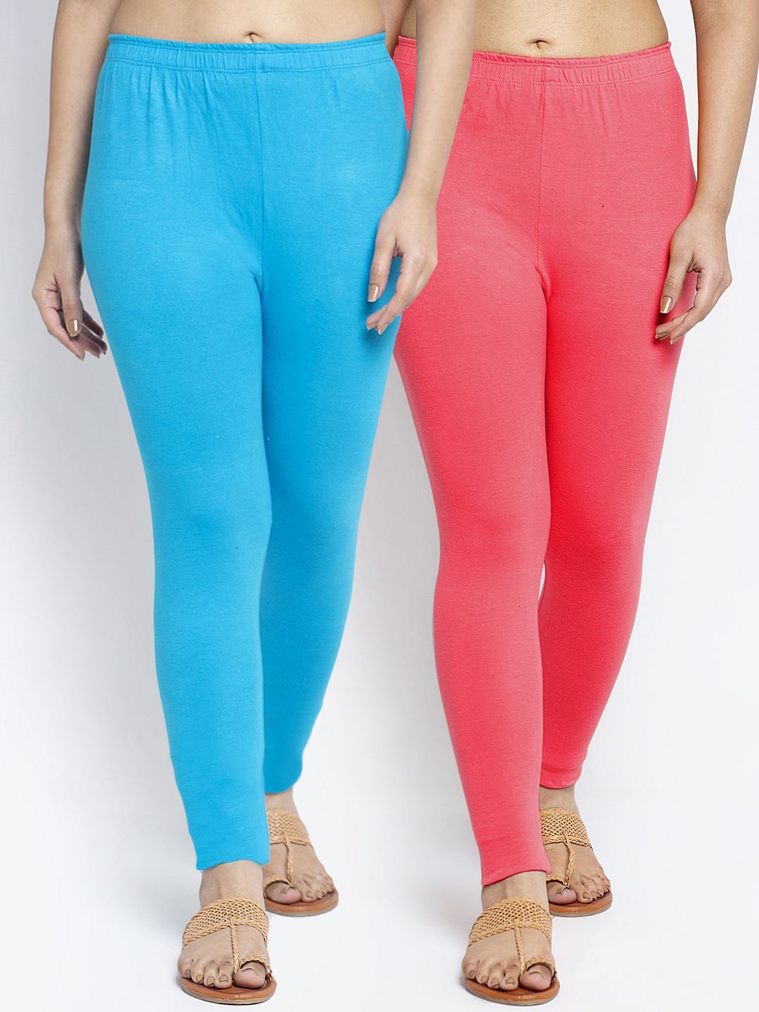 Jinfo Women Pack Of 2 Peach & Blue Solid Ankle-Length Leggings Price in India