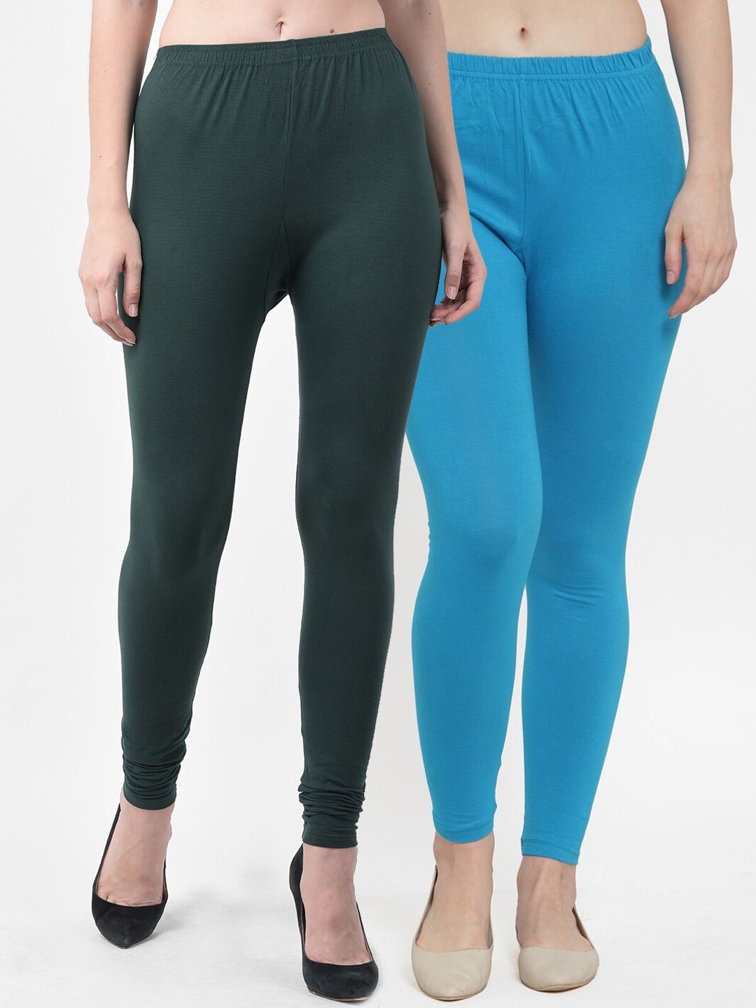 Jinfo Women Green & Turquoise Blue Pack Of 2 Solid Leggings Price in India