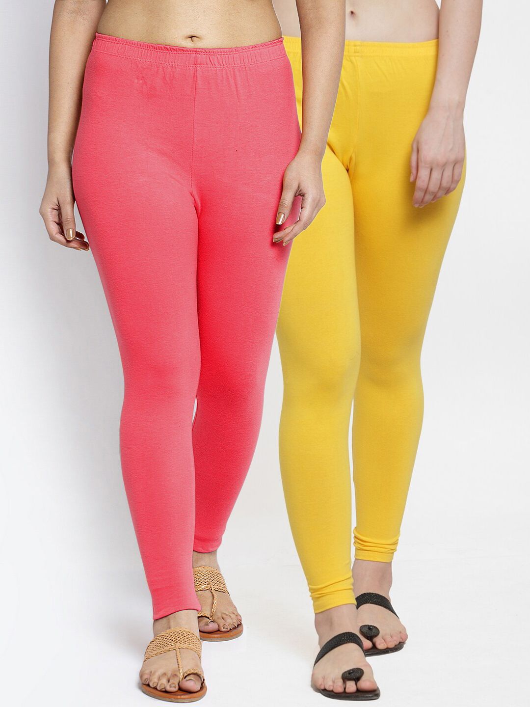 Jinfo Women Yellow & Peach Pack Of 2 Solid Leggings Price in India