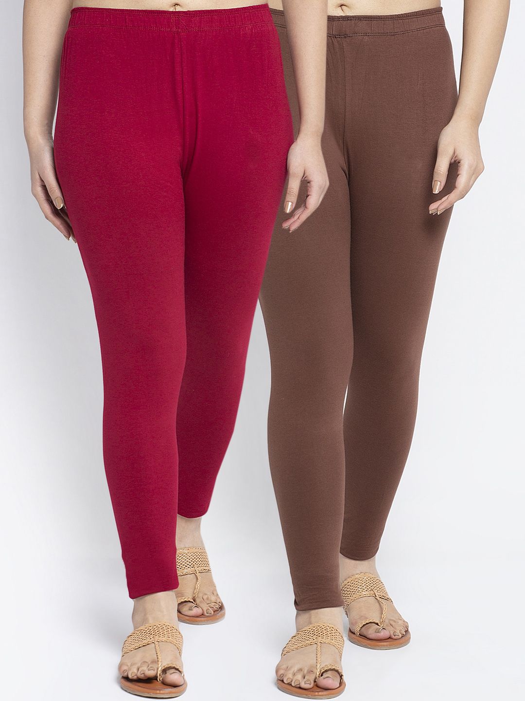Jinfo Pack Of 2 Maroon & Brown Solid Ankle-Length Leggings Price in India