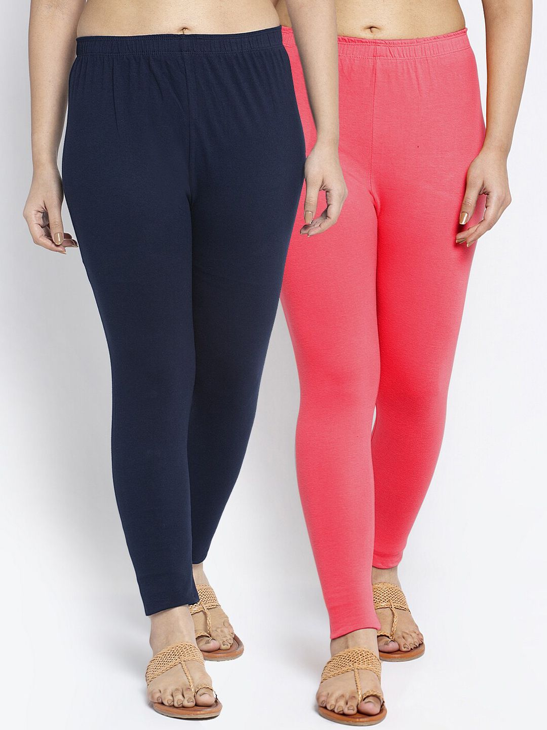 Jinfo Women Navy Blue & Peach Pack Of 2 Solid Ankle-Length Leggings Price in India