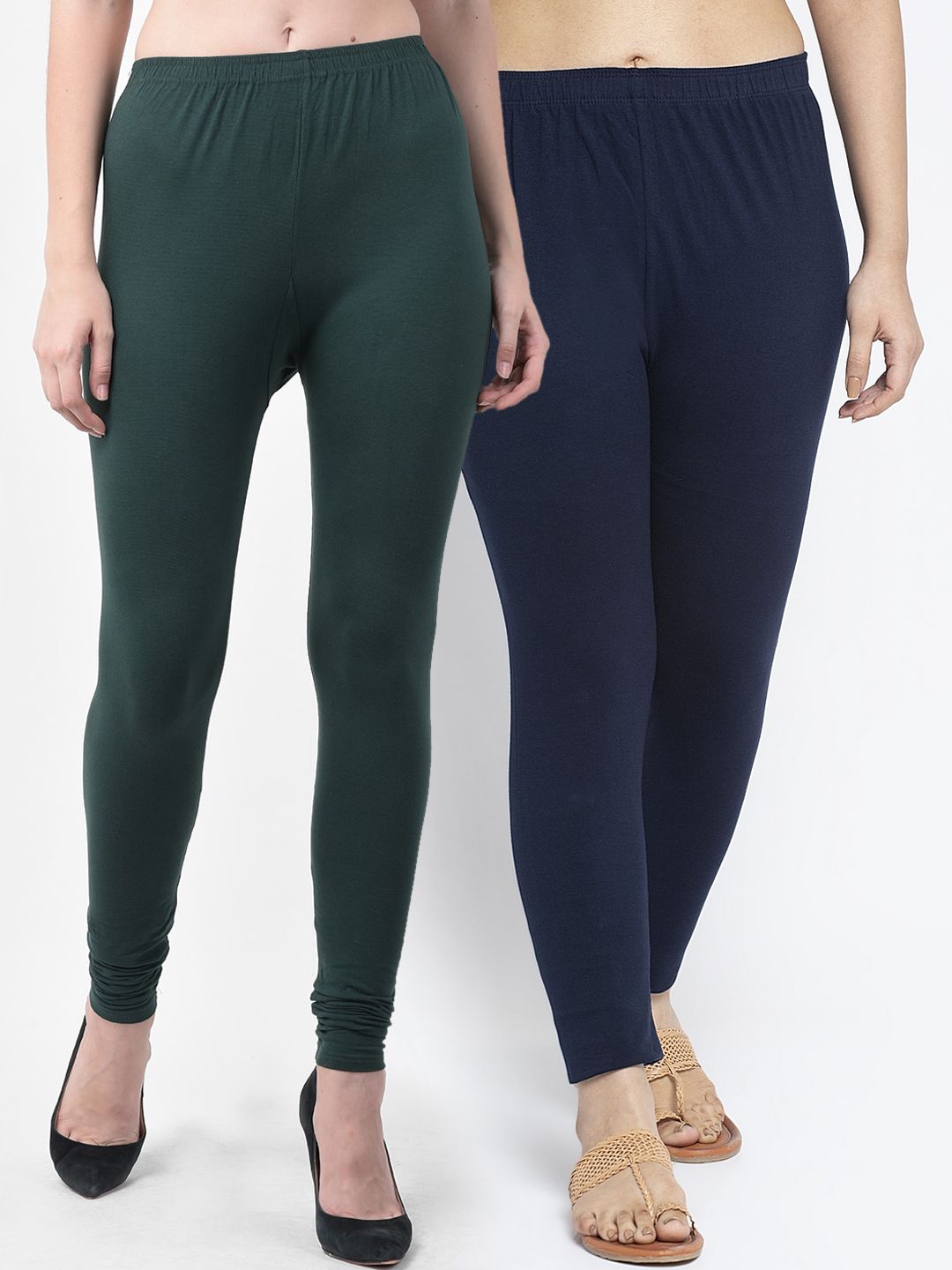 Jinfo Women Green & Navy Blue Pack Of 2 Solid Leggings Price in India