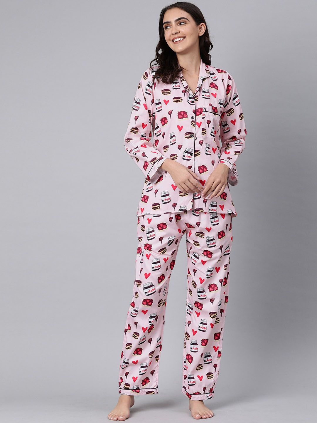 Pyjama Party Women Pink & Red Nutella Printed Night Suit Price in India