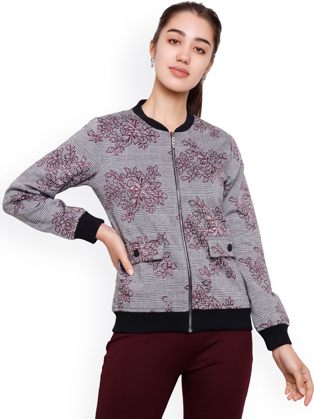 DECHEN Women Grey Maroon Floral Tailored Jacket Price in India