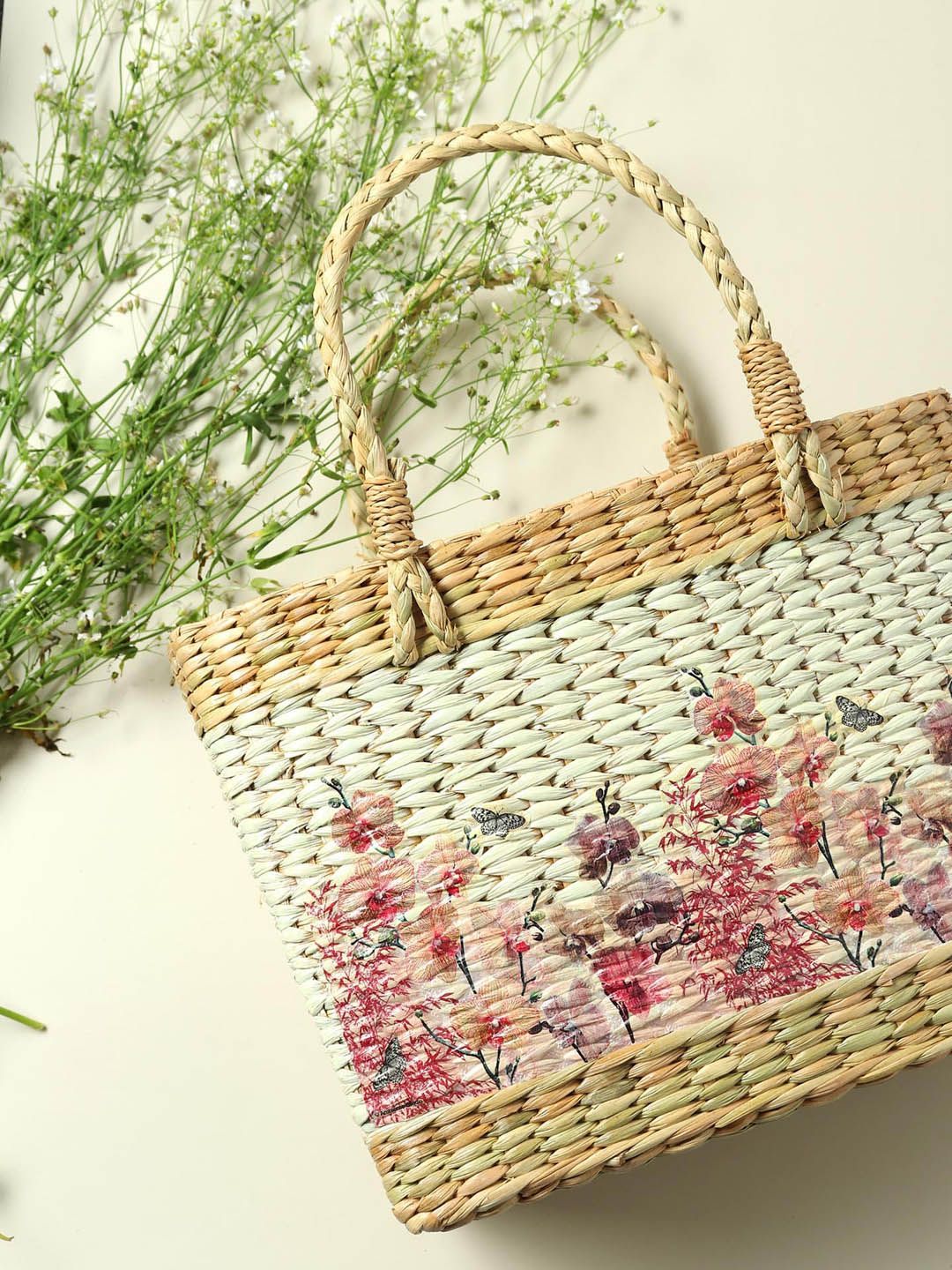 HABERE INDIA Cream-Coloured & Beige-Coloured Grass Storage Basket Price in India