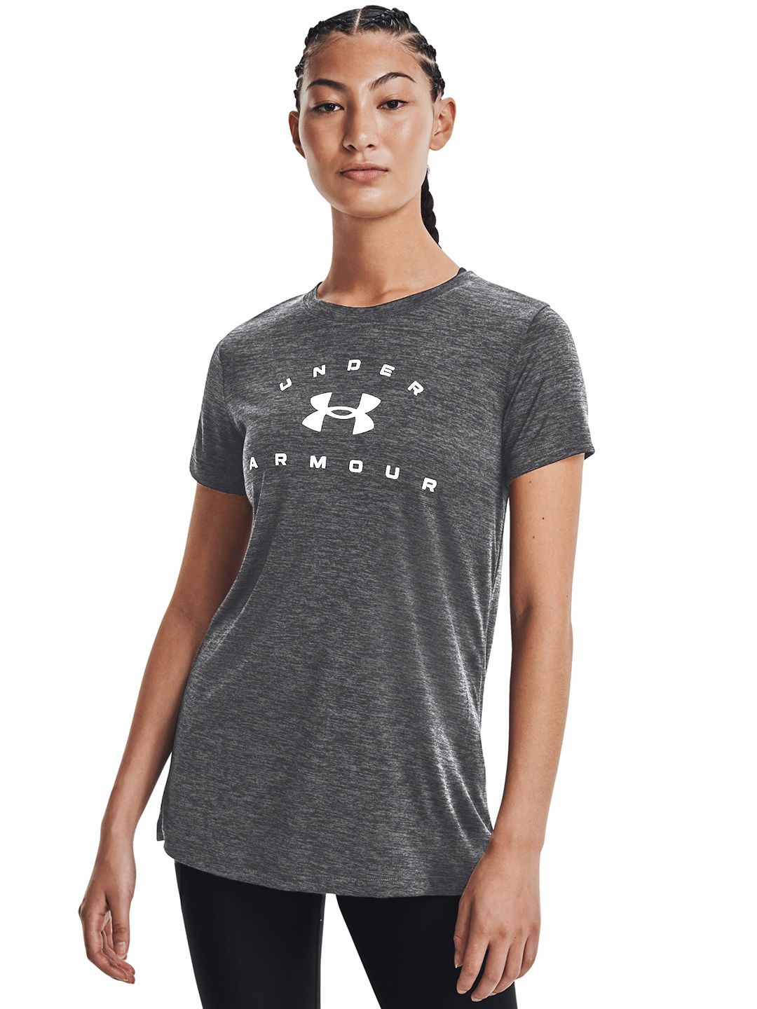 UNDER ARMOUR Women Charcoal Brand Logo Printed Tech Twist Arch SSC T-shirt Price in India