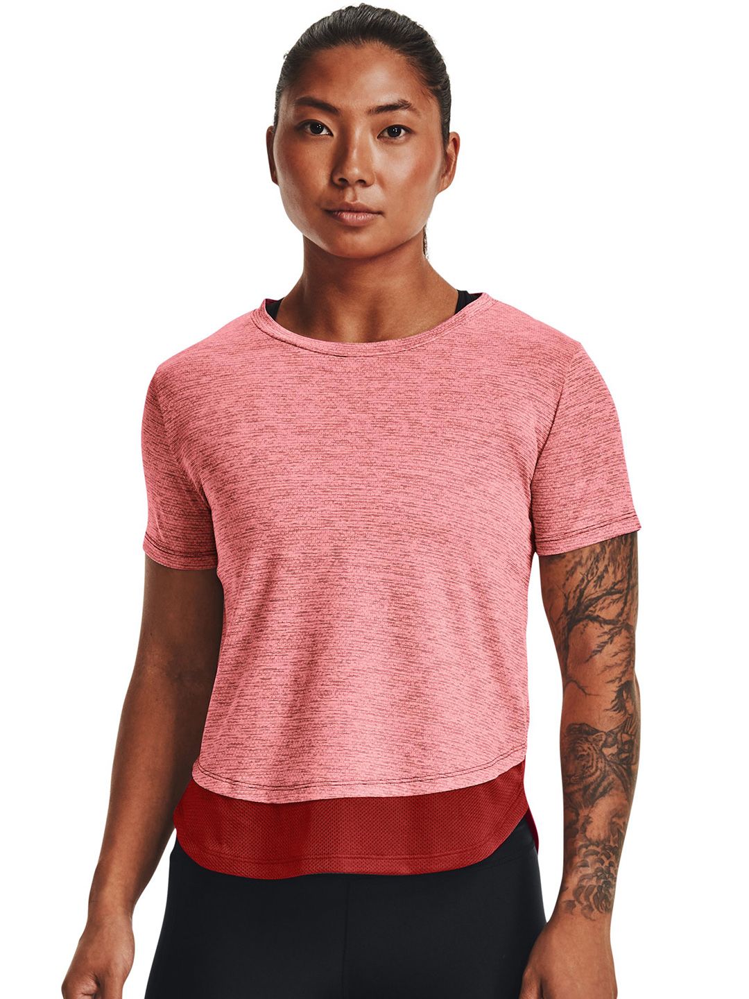 UNDER ARMOUR Women Pink & Burgundy Colourblocked UA Tech Vent SS T-shirt Price in India