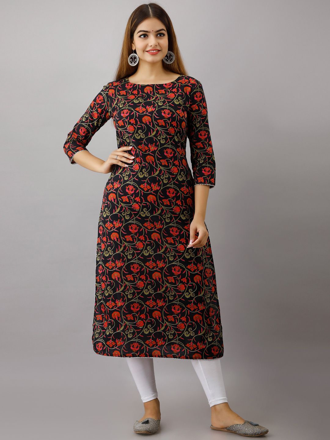 Women Touch Women Black & Red Floral Printed Floral Pure Cotton Straight Kurta Price in India