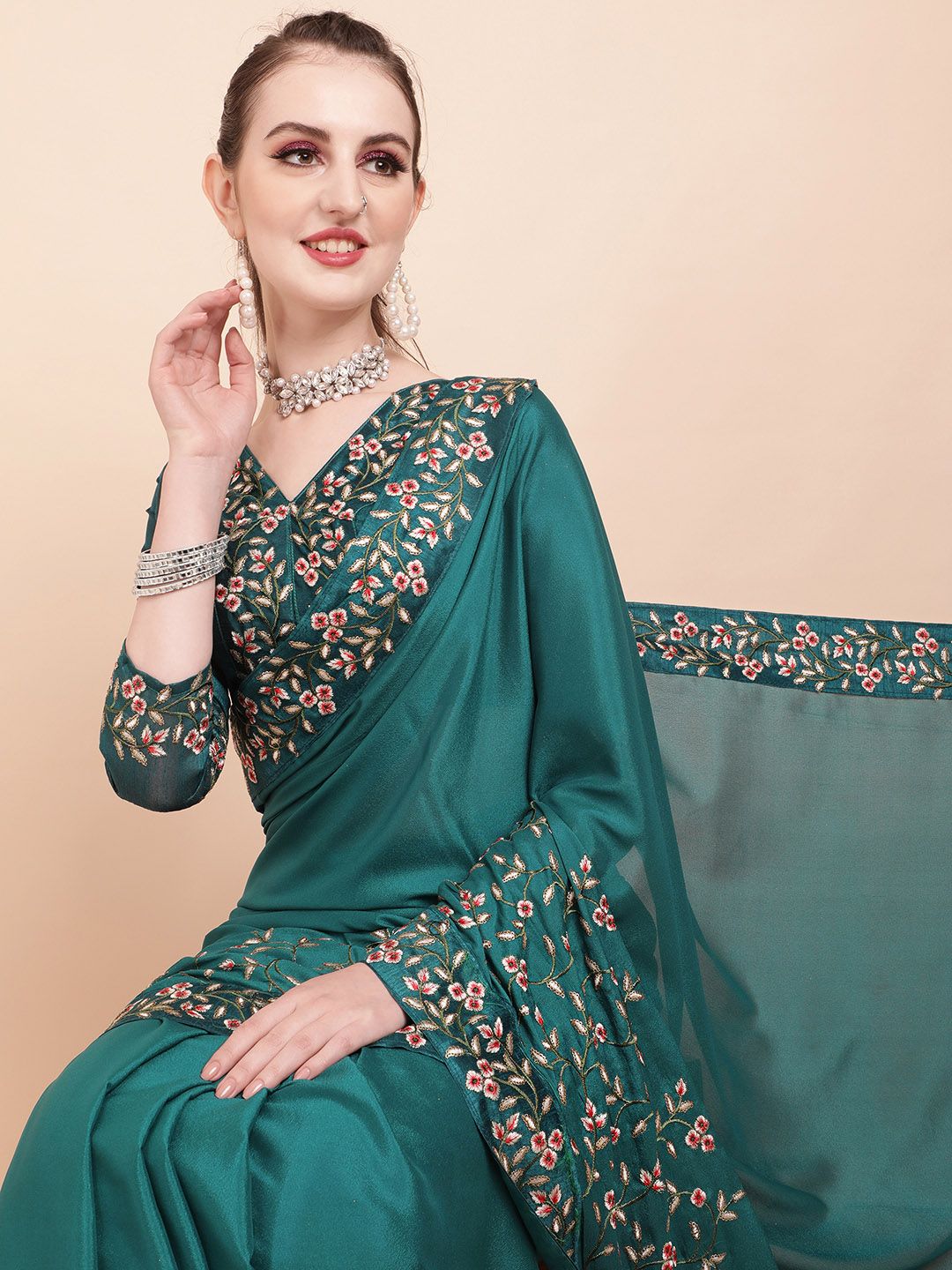 Sangria Teal Blue & Red Batik Embroidered Designer Saree