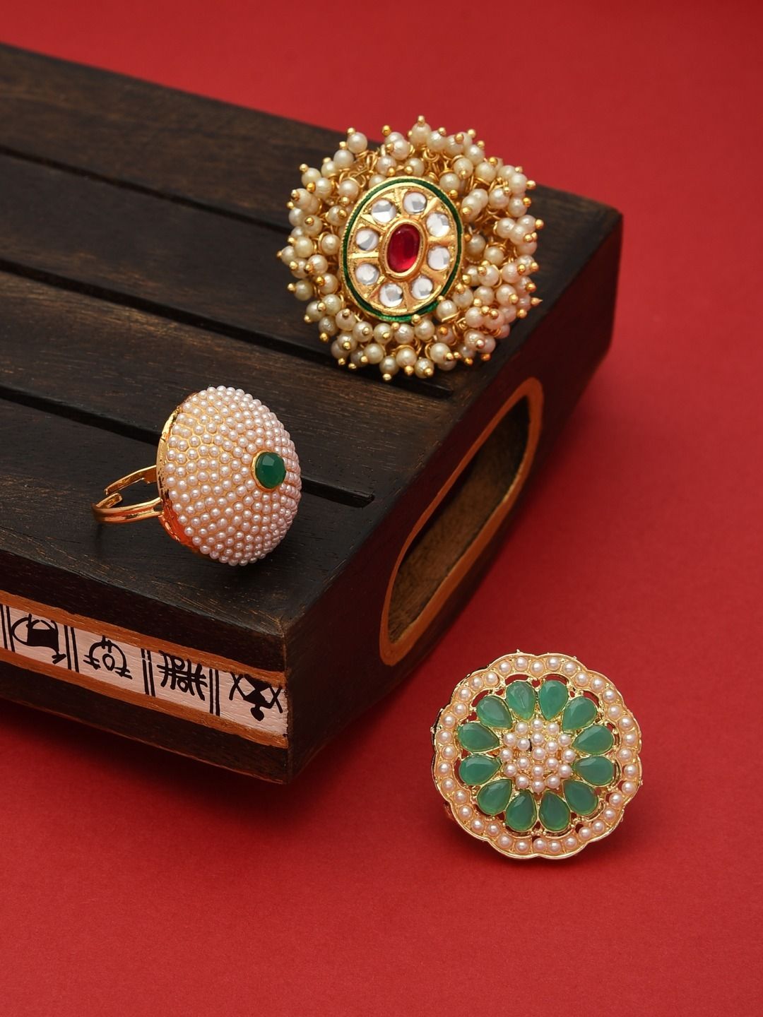 Zaveri Pearls Set Of 3 Gold-Plated White & Green Kundan-Studded & Beaded Finger Rings Price in India