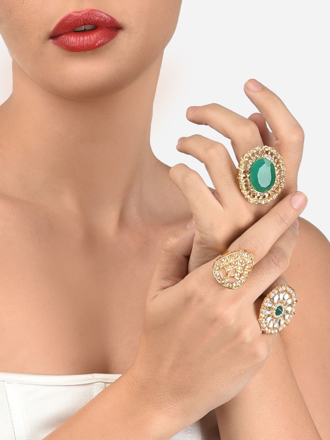 Zaveri Pearls Set of 3 Gold-Plated Multi-Coloured Ethnic Adjustable Finger Rings Price in India