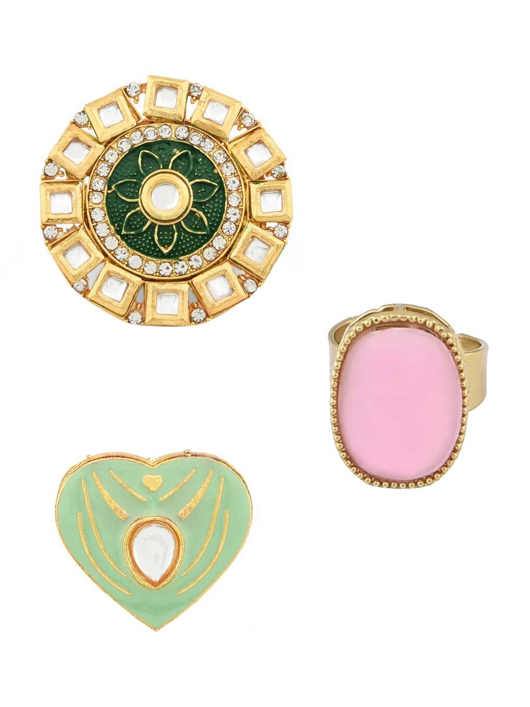 Zaveri Pearls Set Of 3 Gold-Plated  Green & Pink Stone Studded Finger Rings Price in India
