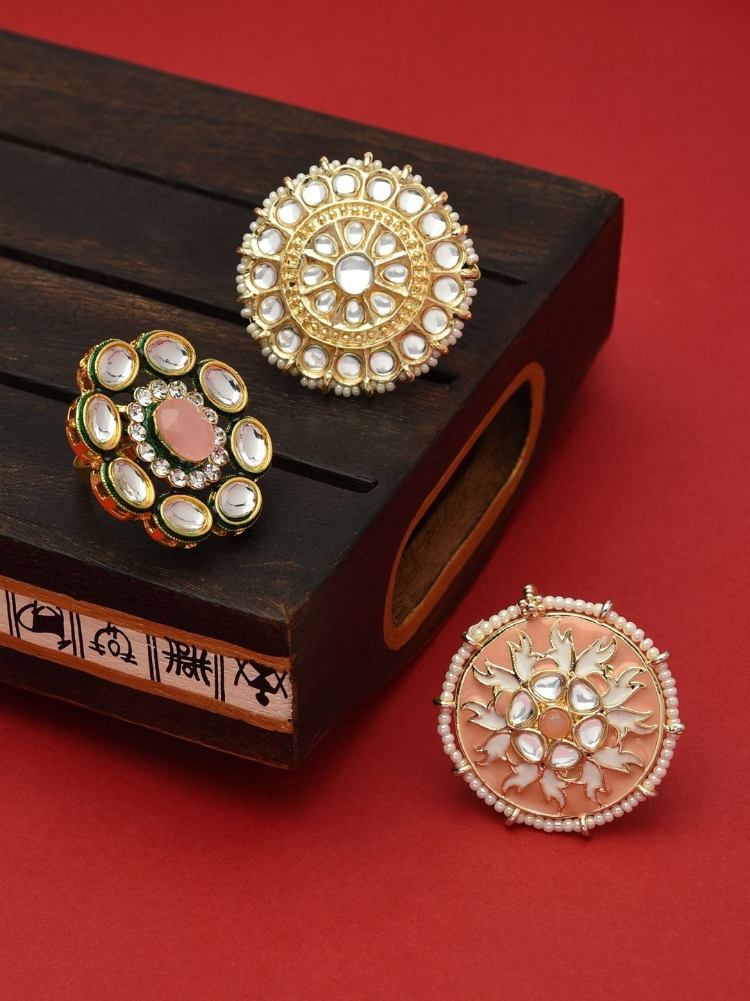 Zaveri Pearls Set of 3 Gold-Plated White Stone Studded Adjustable Finger Rings Price in India