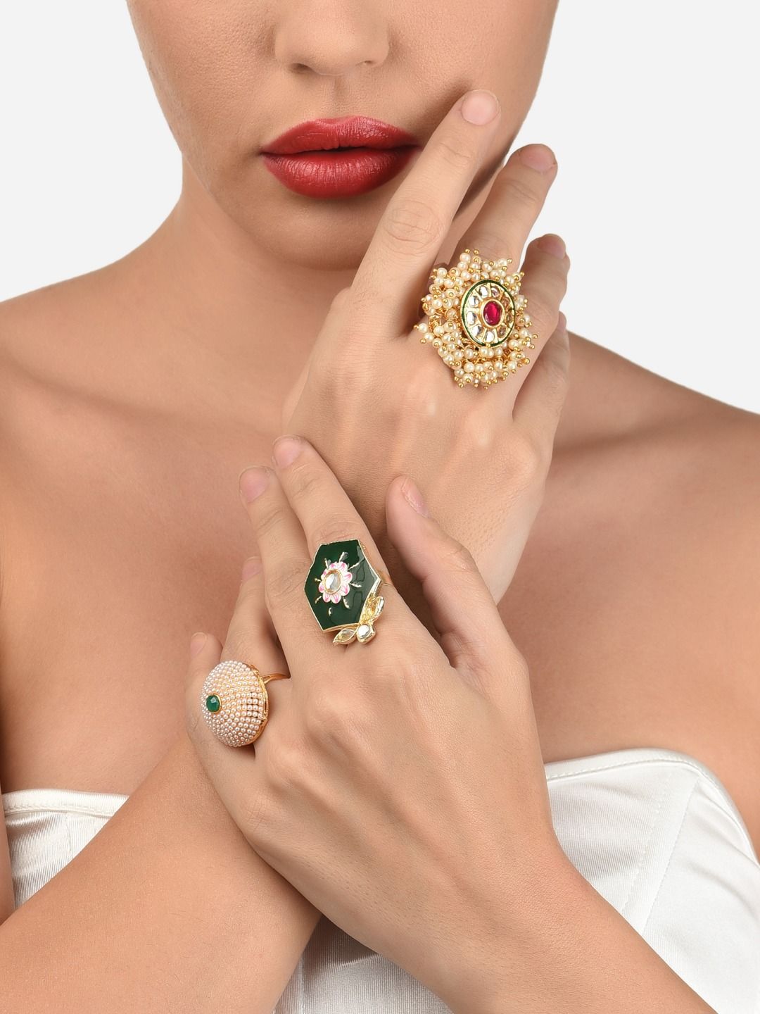 Zaveri Pearls Set Of 3 Gold-Plated Stone-Studded & Beaded Adjustable Finger Rings Price in India