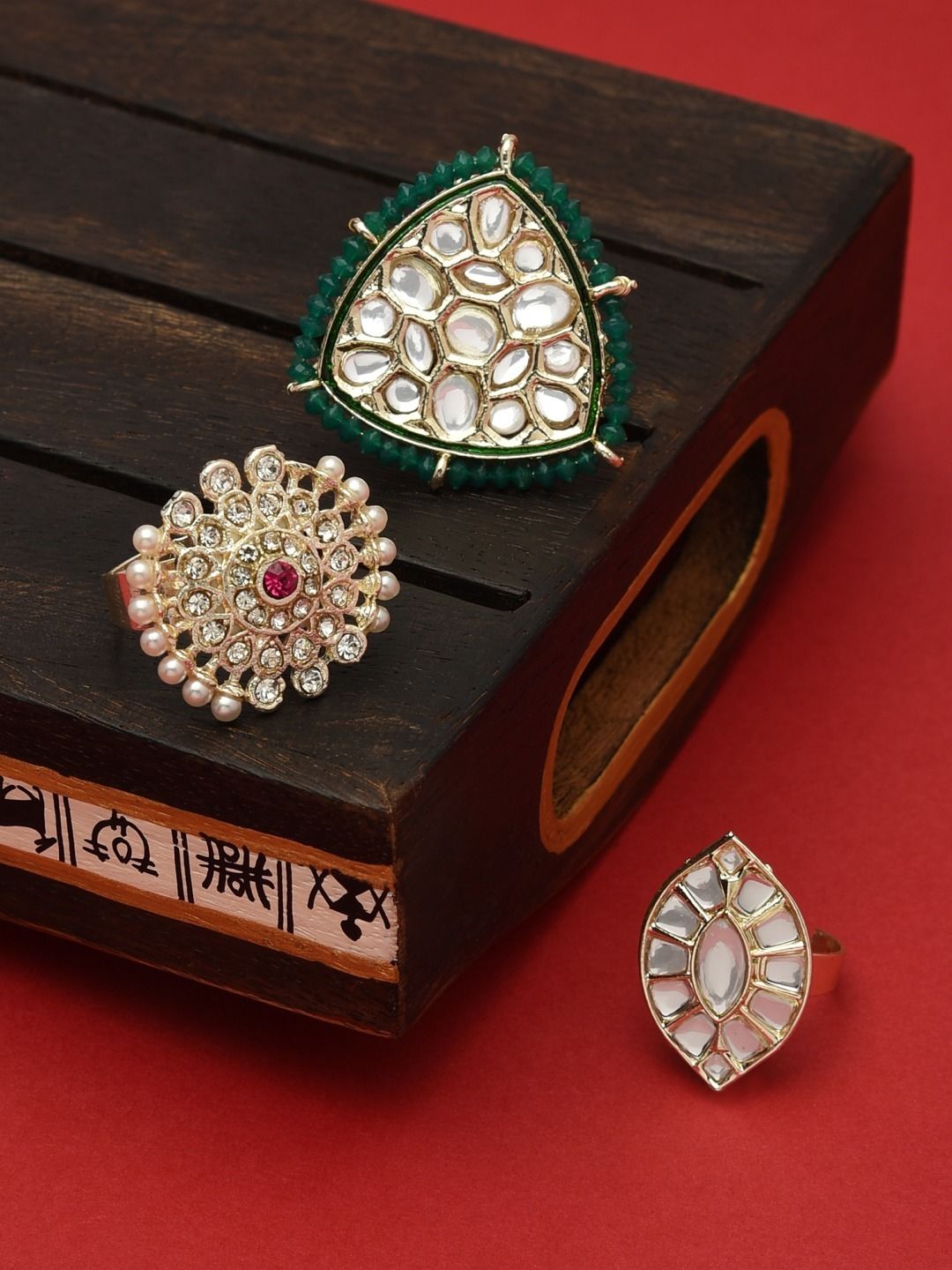 Zaveri Pearls Set Of 3 Gold-Plated White & Green Stone Studded & Design Detailed Finger Rings Price in India