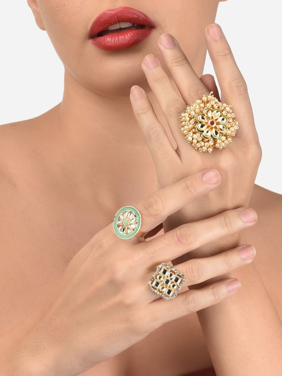 Zaveri Pearls Set of 3 Gold-Plated White & Green Stone Studded Adjustable Finger Rings Price in India