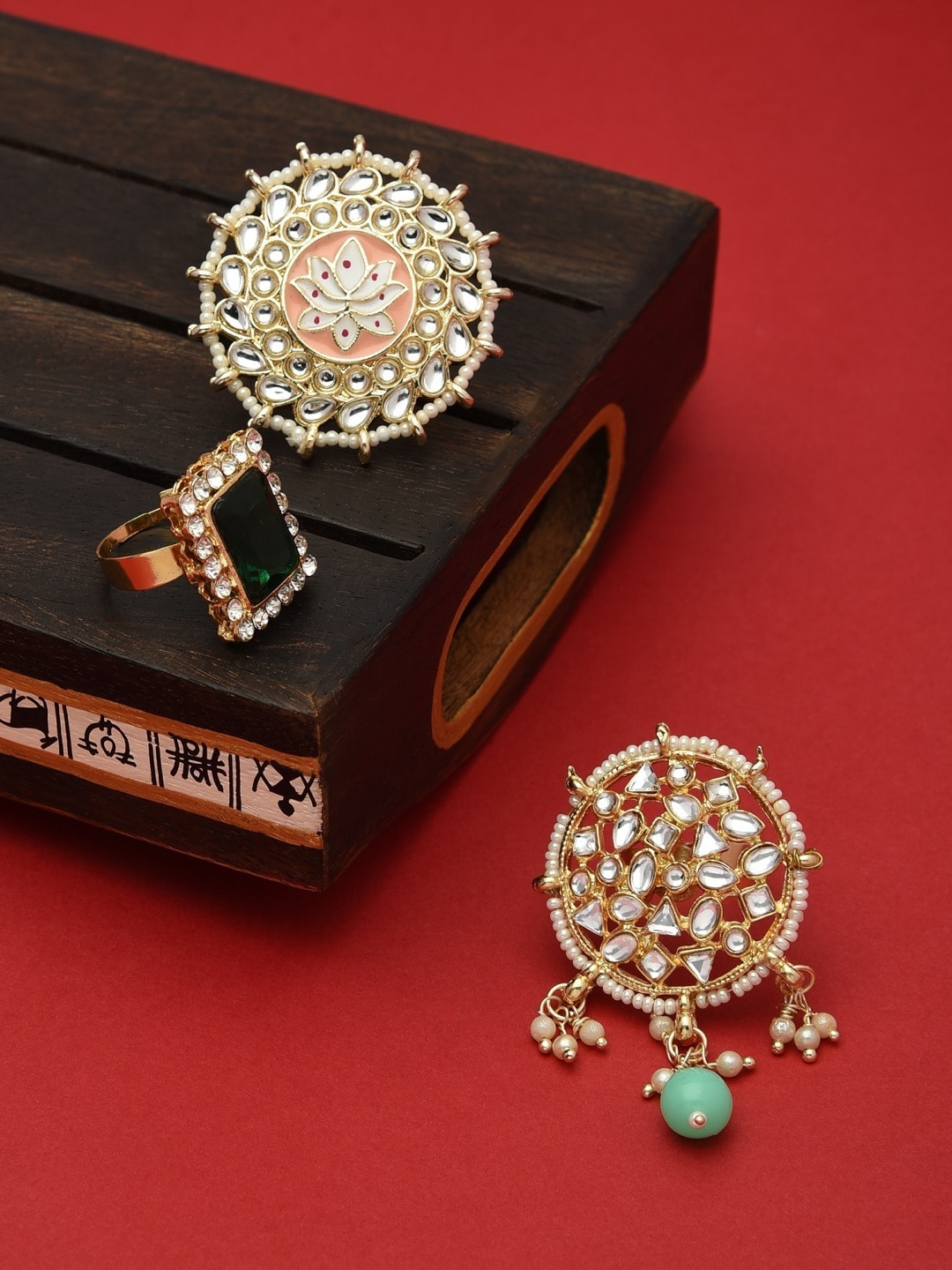 Zaveri Pearls Set Of 3 Gold-Plated Green & White Kundan-Studded & Beaded Finger Rings Price in India