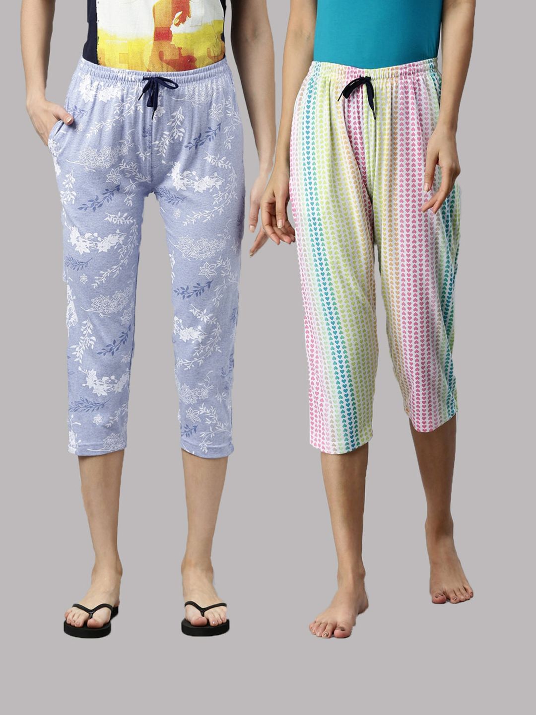 Kryptic Women Pack of 2 Blue & Yellow Printed Pure Cotton Capris Price in India