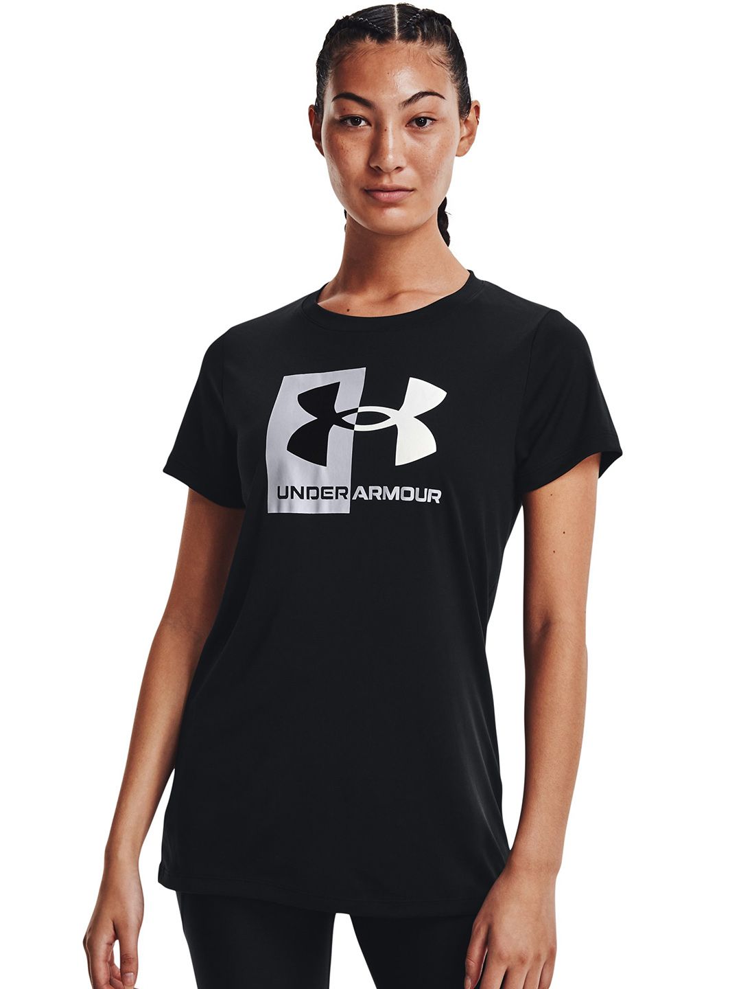 UNDER ARMOUR Women Black & White Brand Logo Printed UA Velocity Logo SSC T-shirt Price in India