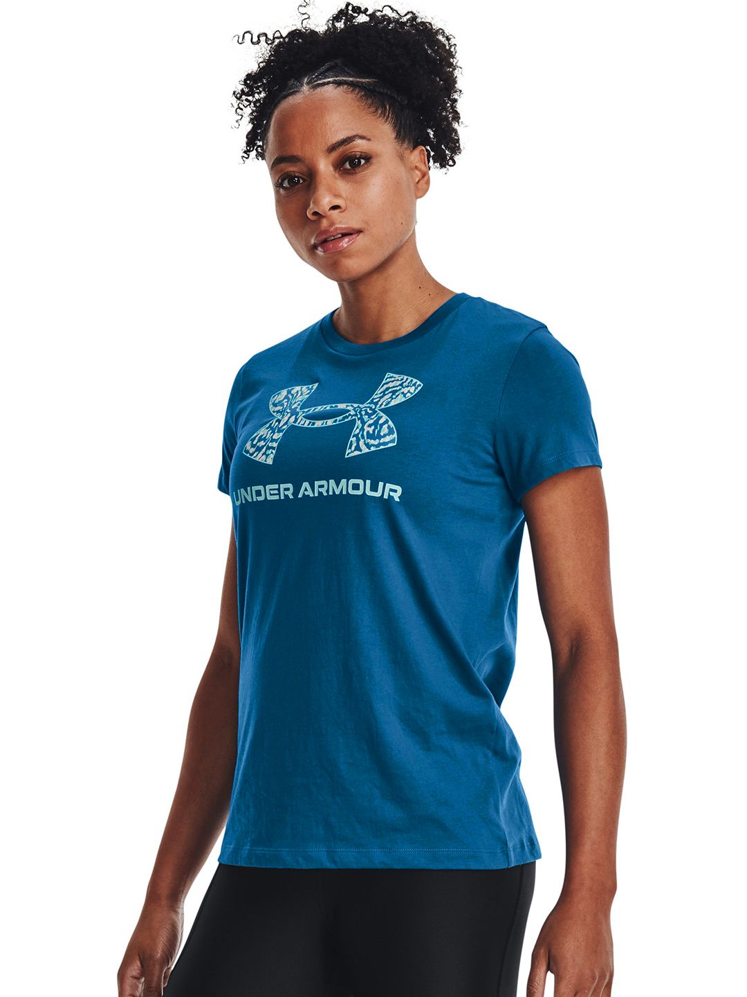 UNDER ARMOUR Women Blue & White Brand Logo Printed Live Sportstyle SSC T-shirt Price in India