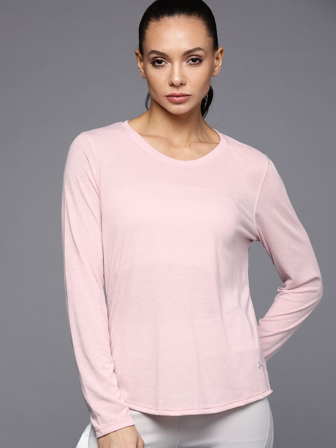 UNDER ARMOUR Women Pink Self Design Streaker Long Sleeves Styled Back Fitted T-shirt Price in India