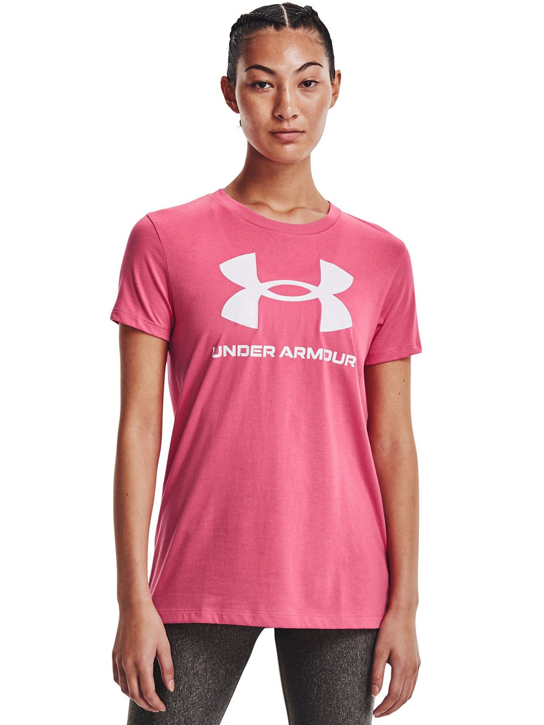 UNDER ARMOUR Women Pink & White Brand Logo Printed Live Sportstyle SSC T-shirt Price in India