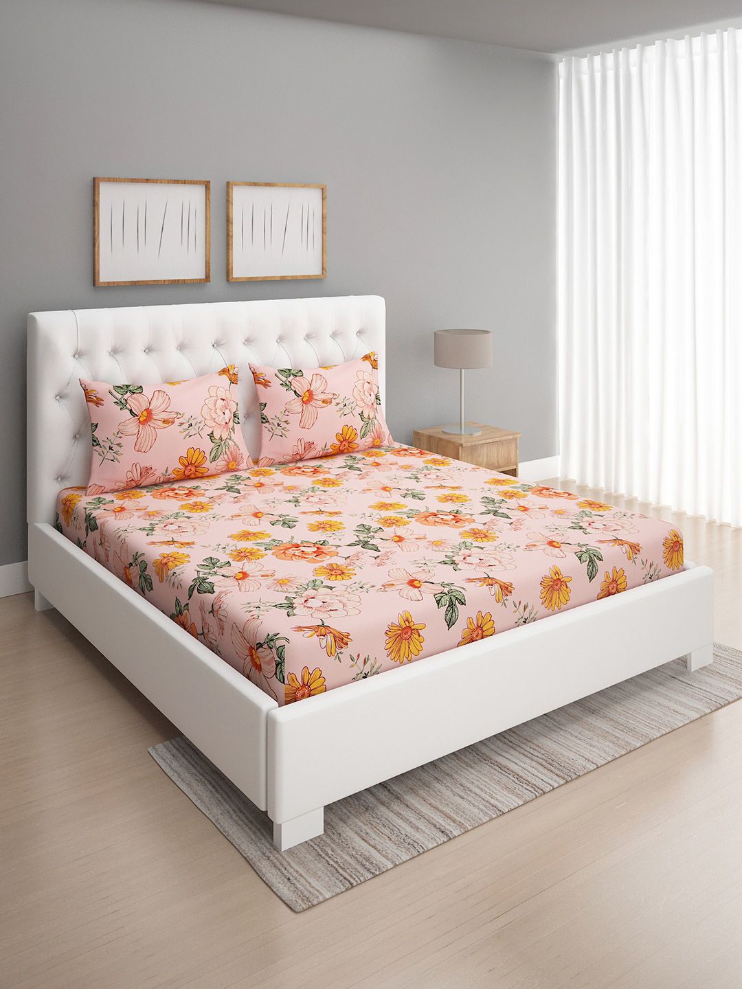 ROMEE Peach-Coloured & Green Floral 144 TC Queen Bedsheet with 2 Pillow Covers Price in India