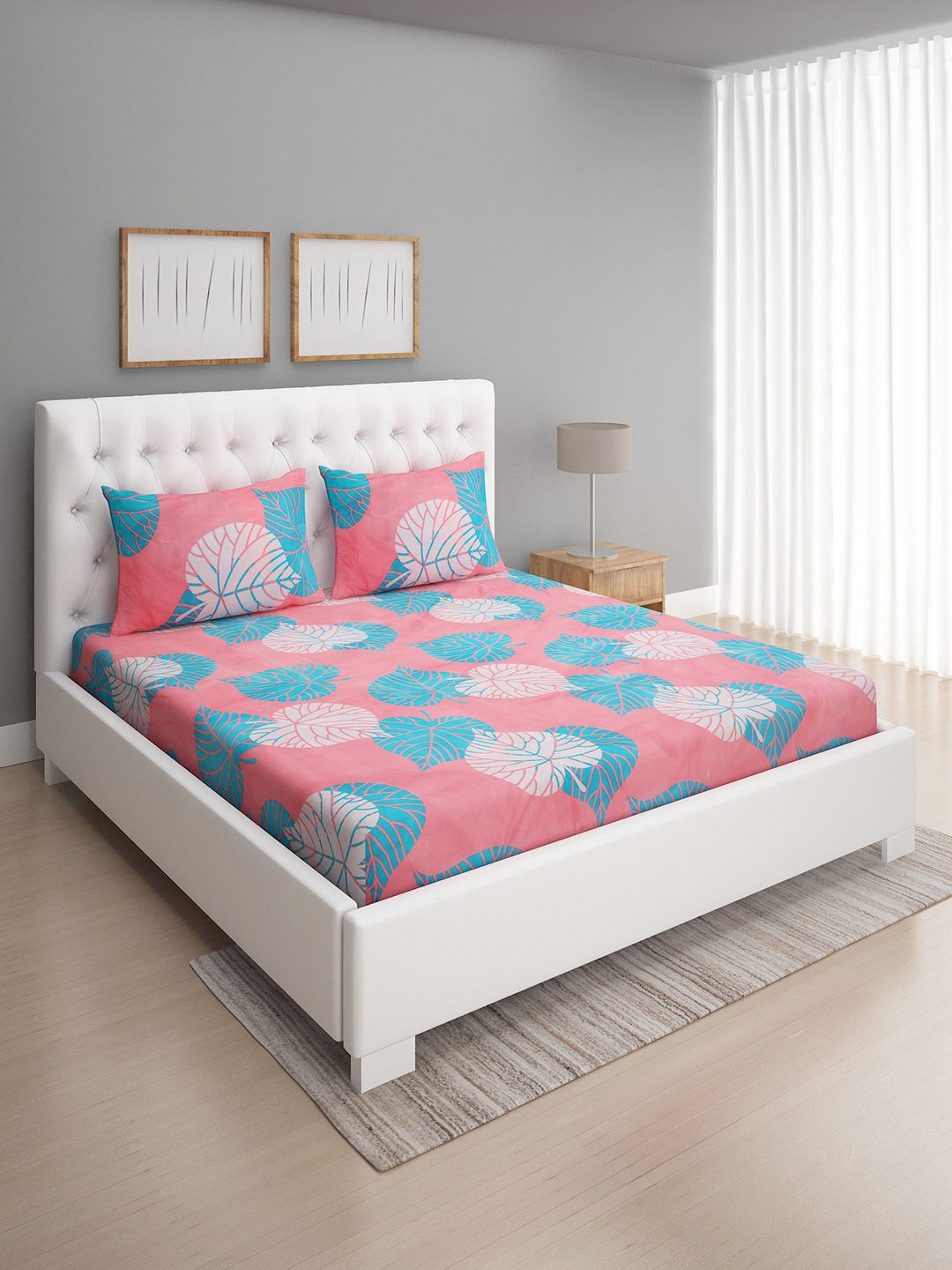 ROMEE Pink & Blue Floral 144 TC Queen Bedsheet with 2 Pillow Covers Price in India