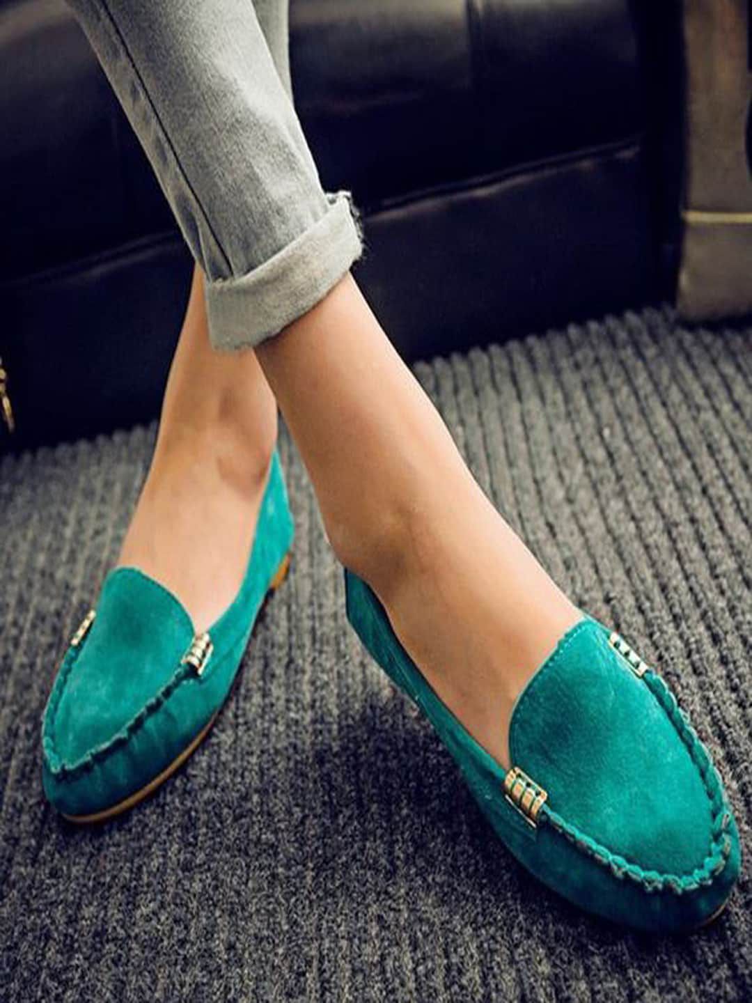Shoetopia Women Turquoise Blue Solid Suede Loafers Price in India