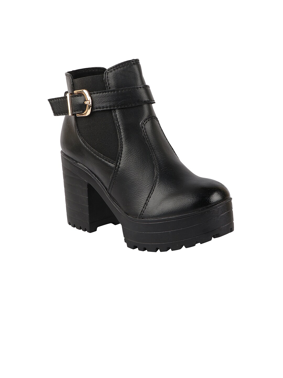 Shoetopia Black Platform Heeled Boots with Buckles Price in India