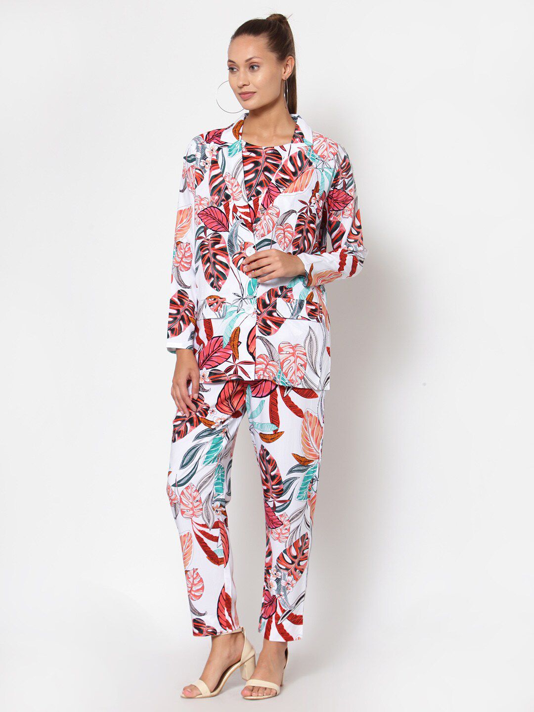 YOONOY Women White & Pink Floral Printed Co-ords