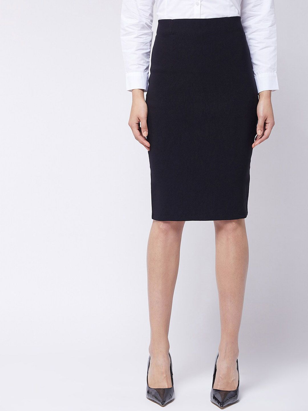 Purple Feather Women Black Solid Formal Knee-Length Pencil Skirt Price in India
