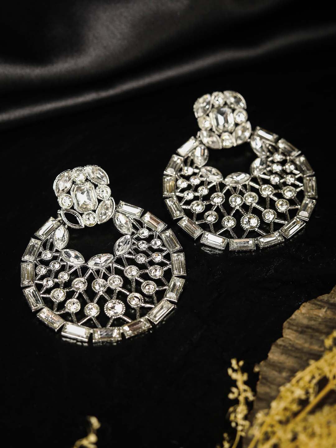 Priyaasi Silver-Toned Geometric Chandbalis Earrings Price in India